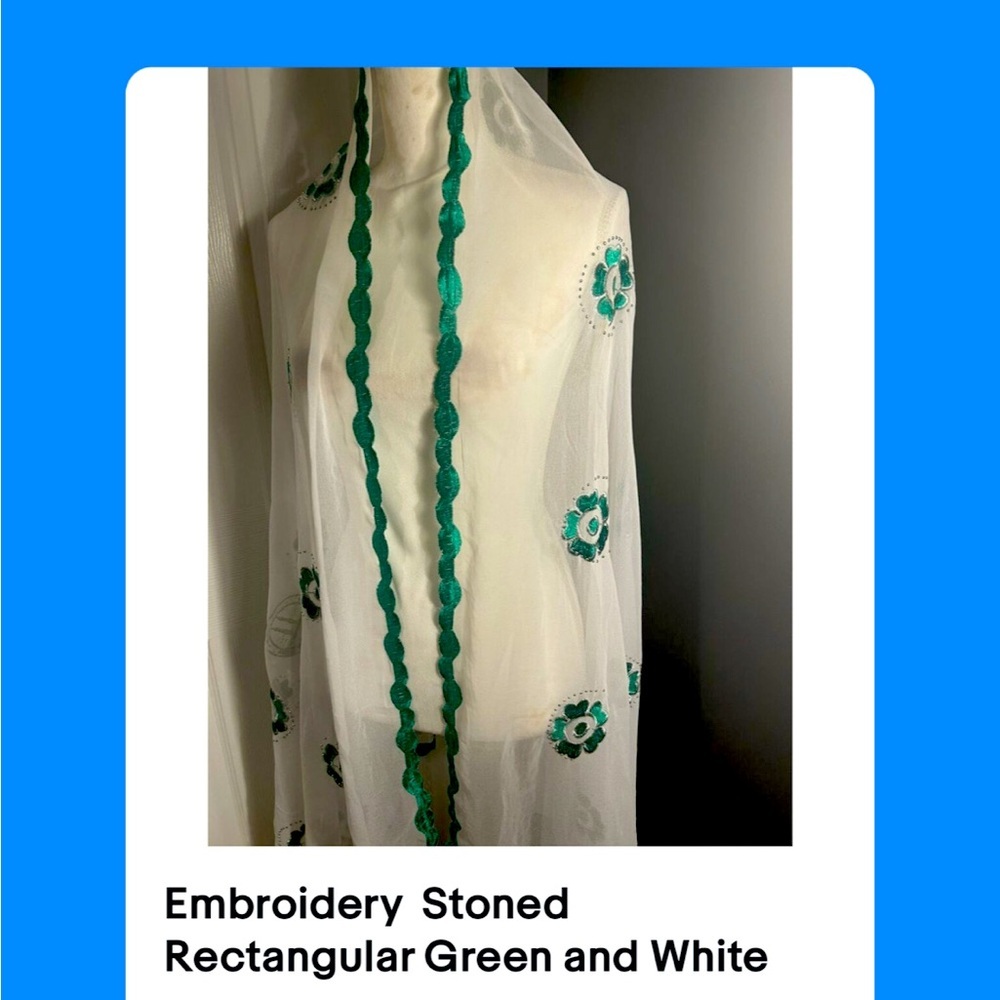 Embroidery  Stoned Rectangular Green and White Islamic veil